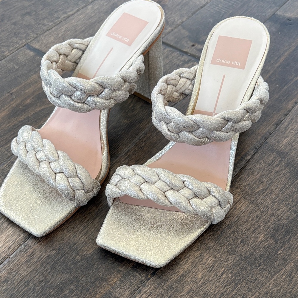 Dolce Vita Champagne Braided Double-Strap Block Heel Mules